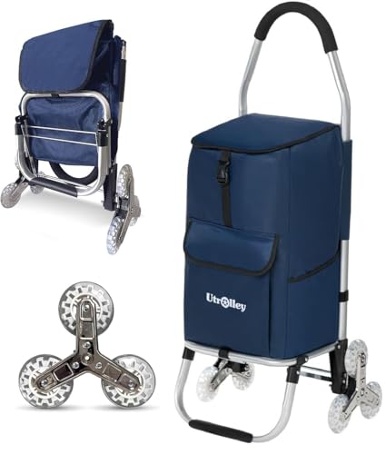 UTROLLEY Ultra-Lightweight Stair Climber Cart for Groceries & Laundry, Durable 6-Wheel Folding Shopping Cart with Insulated Bag, Blue