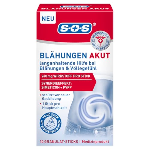 SOS Blähungen Akut 10 To-go-Sticks mit Simeticon & PVPP Mundlöslich mit Erdbeergeschmack Unterstützung bei Blähungen & Völlegefühl Praktisches Format für unterwegs
