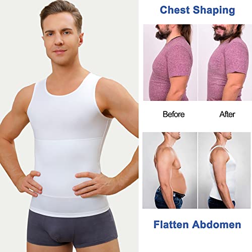 Mens Compression Shirt Slimming Body Shaper Vest Workout Tank Tops Abs Abdomen Undershirts (White, X-Large) #TOP4