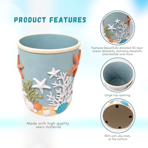 Image of Seaside Splendor Wastebasket - Starfish Seashells Resin Ocean Trash Bin | Premium 3D beach bathroom or guest bath small container, coastal decorative garbage can basket for bedroom, office vanity