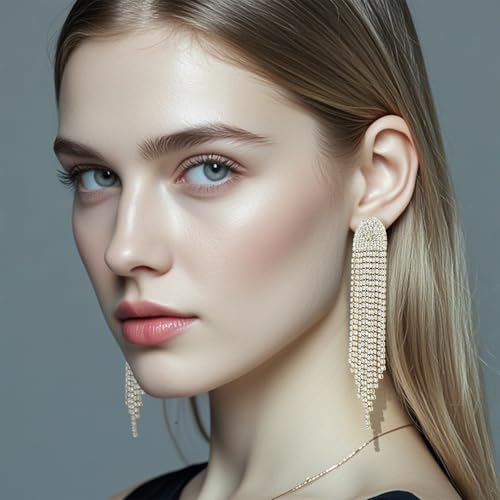 Rhinestone Dangling Earrings for Women Sparkly Dangle Earrings 14K Gold Plated Tassel Lightweight Ear Studs Crystal Statement3