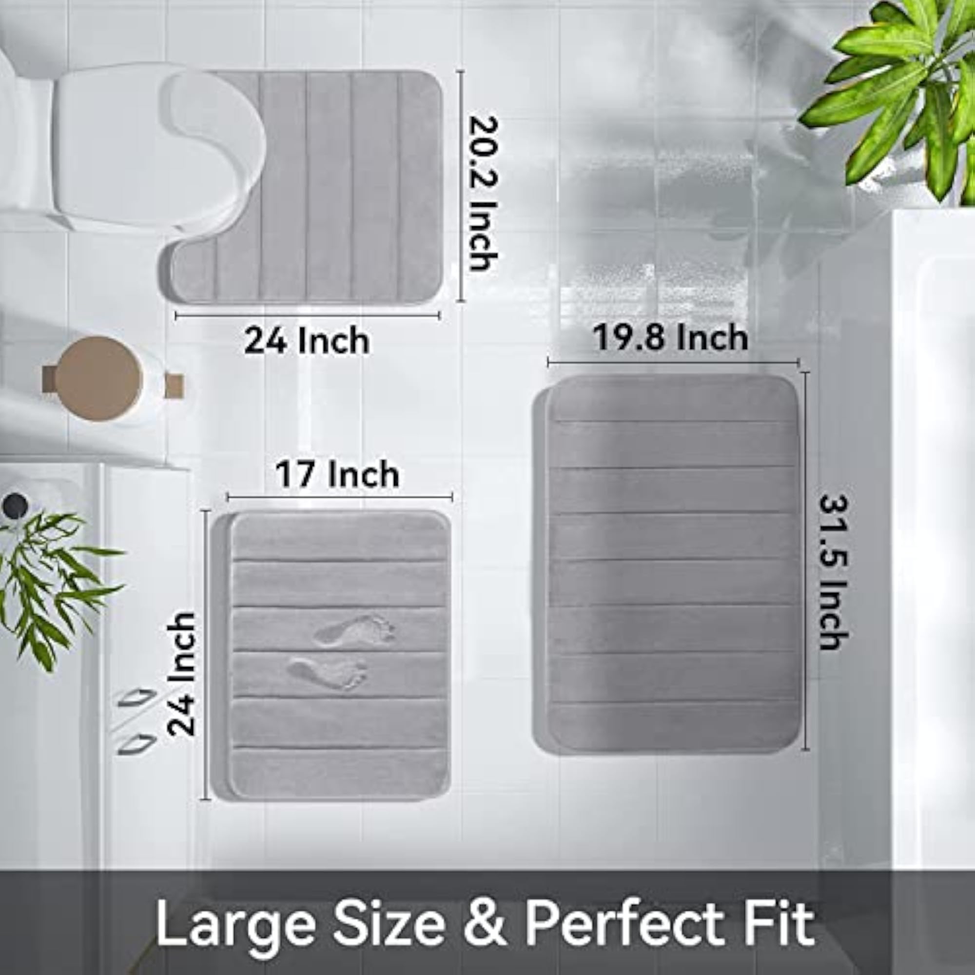 Memory Foam Bath Mat Set, Absorbent Non-Slip, Fast Drying