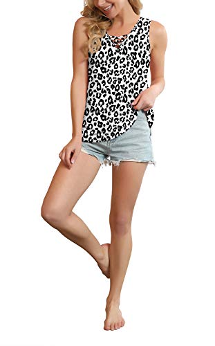 Feiersi Women's Sleeveless Criss Cross Print Casual Tank Tops Basic Blouse(Leopard Print White,Medium) #TOP3