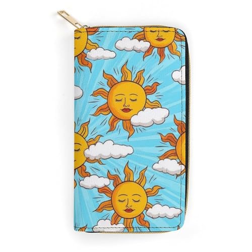 Girl's Long PU Wallet, Travel Purse Fashion Design, Huge Storage Capacity Purse, Cute Decor Zipper Wallet Hippie Boho Style Sun Art