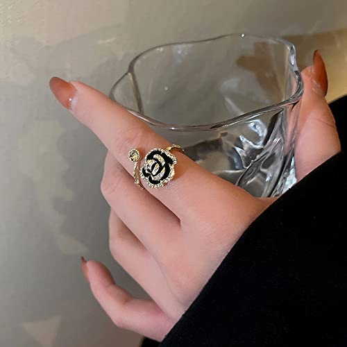 Vivid Black Rose Flower Open Statement Rings for Women CZ Crystal Blooming Wrap Finger Band Engagement Wedding Stacking Ring3