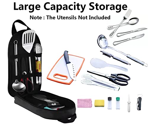 Camping Utensil Organizer Cooking Utensil Bag Portable Camp Cooking Kitchen Accessories Large Capacity Travel Bag Great For Travel Bbq Dinner More-Indoor/ Outdoor Camp Kitchen Equipment (Black) #TOP2