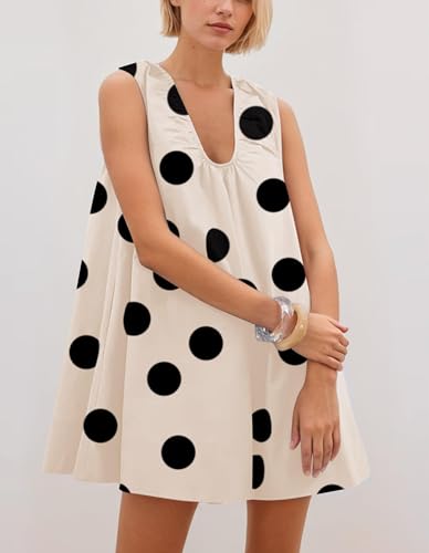 Image of OLAPTA Women Summer Sleeveless Babydoll Mini Tank Dresses Loose Fit Scoop Neck Ruched Short Dress with Pockets Party Clubwear