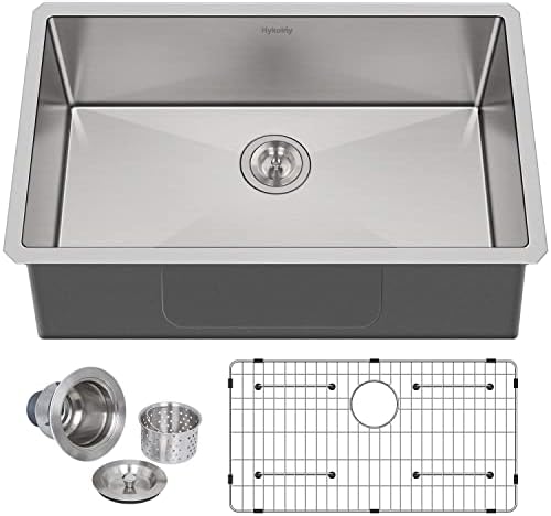 Hykolity 30-inch Undermount Kitchen Sink, 16 Gauge Single Bowl Stainless Steel Kitchen Sink with Strainer & Bottom Grid, 30" x 18" x 9"