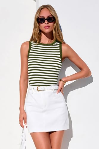 Image of PRETTYGARDEN Summer High Neck Striped Tank Tops for Women Casual Sleeveless Sweaters Basic Ribbed Knit Slim Fitted Shirts