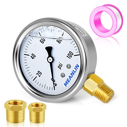 Meanlin Measure 0~100Psi Stainless Steel 1/4" Npt 2.5" Single Scale Face Dial,Glycerin Filled Fuel Pressure Gauge, Wog Water Oil Gas Lower Mount, With 1/4" X 1/2" Npt And 1/4" X 3/8" Npt Hex Bushing #TOP18