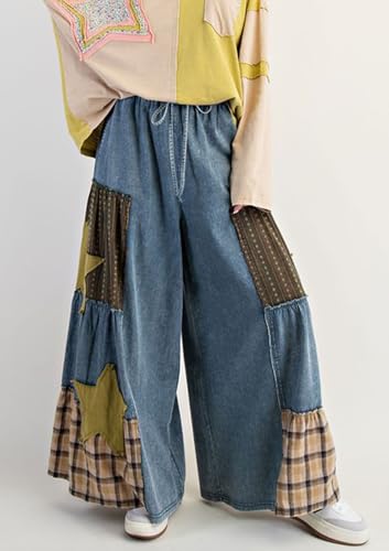 loveimgs Women Wide Leg Palazzo Baggy Jeans Patchwork Elastic Waist Flare Denim Pants Skirts Drawstring Star Plaid Jean Pants3