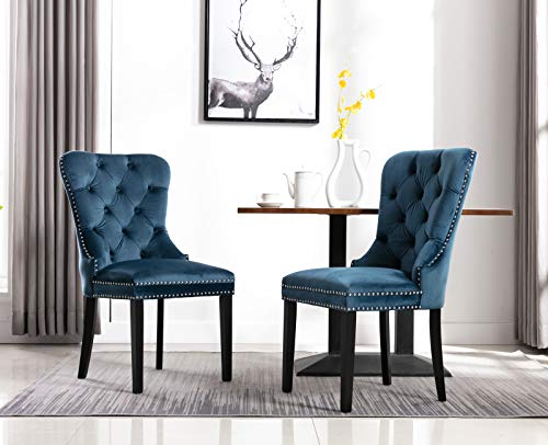 Kmax Velvet Elegant Upholstered Dining Chairs, Fabric Armless Accent Chair Set Of 2 - Indigo Blue #TOP2