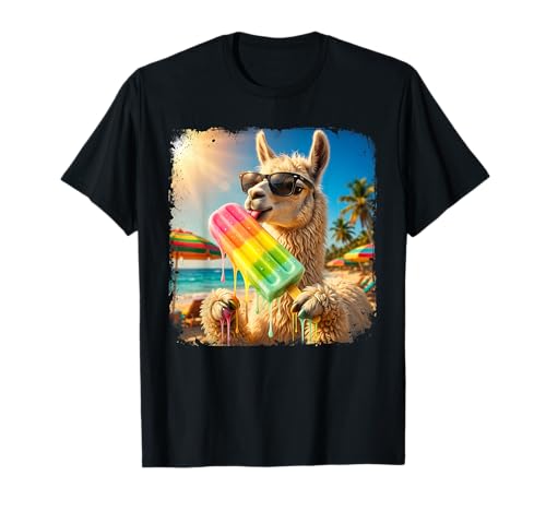Funny Llama Eating Popsicle Summer Beach Animal Sunglasses T-Shirt