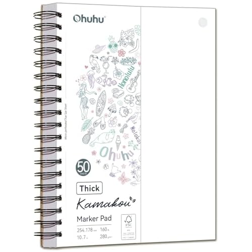Ohuhu Double-Sided Marker Pad, Bleedproof Art Sketchbook – 7"x10" Large, 160 lb/280 GSM Heavyweight Smooth Paper – 50 Sheets/100 Pages, Spiral-Bound Drawing Book for Alcohol Markers 7" x 10"