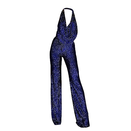 Mono para mujer, elegante, festivo con purpurina, mono de lentejuelas, cuello en V, sin mangas, traje de negocios, azul, XL
