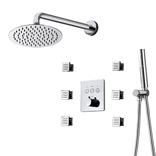 Système de douche thermostatique chromé en laiton avec ciel de pluie 26 cm et jets massants