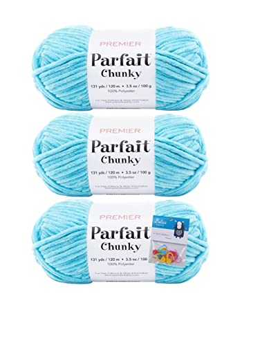 Premier Yarns Parfait Chunky Chenille Yarn 3.5 Oz 6 Super Bulky Weight 3 Pack Bundle with Bella's Stitch Place Holders (Seaside)