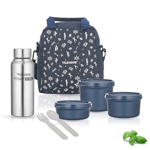 Image of Trueware Omaga Lunch Box with Insulated Khadi Jacket, 3 Microwave Safe & Leak Proof Inner Stainless Steel Containers (1 x 200ml, 1 X 400ml & 1 X 500ml) & 1 Steel Bottle 500ml Tiffin for Office,College