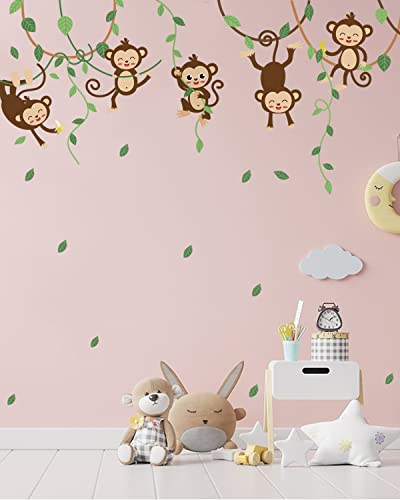 Green Vines Climbing Monkeys Wall Decals Peel And Stick Removable Vinyl Stickers Jungle Animals Mural Decals For Kids Room Decor Baby Bedroom Nursery Wall Art Playroom Wall Decor Window Decor #TOP2