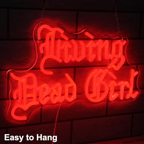 Image of Living Dead Girl Neon Sign Gothic Scary LED Light for Room Halloween Decor | Dimmable Phrase Neon Light Up Sign, Acrylic Red Letter LED Sign, Old English Font Word Neon Light, Bedroom Horror Party Decor