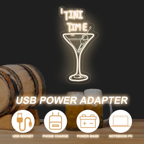 Image of Tini Time Neon Sign Martini LED Light for Bars Elegant Cocktail Glass Decor | USB Powered Dimmable Martini Cocktail Bar Wall Decor, Bar Pub Decoration, Gift for Martini Lover, 16.5 inchx8.7 inch, Warm White
