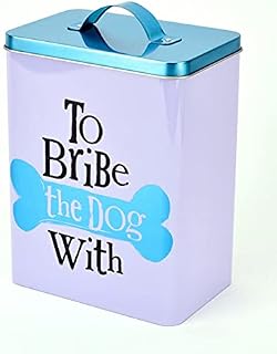 Widdop and Co Fun, Humorous Dog Biscuit Treat Storage Tin - To Bribe the Dog With - White, Black, Metallic Aqua Blue - 22.5cm