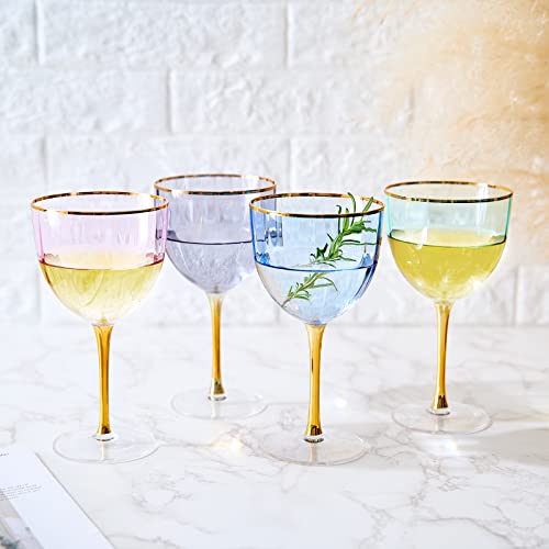 Art Deco Colored Crystal Wine Glass Set Of 4, Large 18Oz Stemmed Glasses Vibrant Vintage Glasses For White & Red, Water, Margarita Glasses, Gift Idea, Color Glassware - Gilded Rim And Gold Stem #TOP5