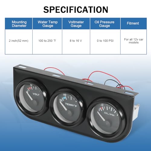 JDMSPEED 2" 52mm Triple Gauge Set (Oil Pressure Gauge + Water Temperature Gauge + Volt Meter) 3‑in‑1 for 12V Cars 3 Gauge Cluster Kit with Black Console - Image 3