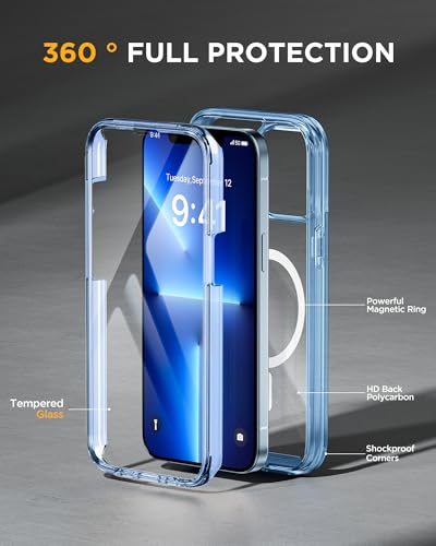 Image of Miracase Magnetic for iPhone 13 Pro Max Case 6.7 inch, (Compatible with MagSafe) Upgrade Full-Body Clear Phone Bumper Case with Built-in 9H Tempered Glass Screen Protector, Magnetic Clear Blue