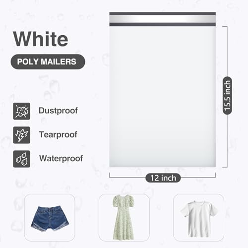 Image of UCGOU Poly Mailers 12x15.5 Inch White 100 Pack Medium Shipping Bags #5 Strong Thick Mailing Envelopes Self Sealing Adhesive Waterproof and Tear Proof Boutique Packaging Postal for Clothing