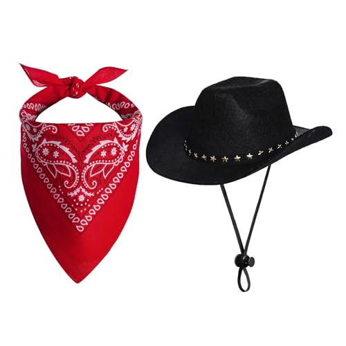 choyaxo Halloween Costumes for Dogs Cat Pet Cowboy Costume Cowboy Hat with Bandana Set for Halloween, Christmas, Holiday, Party, Cosplay (Black, Medium)
