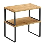 SONGMICS Spice Rack, Set of 2 Cupboard Shelf Organiser, Expandable Kitchen Shelf Organiser, Stackable Spice Holder, Metal and Engineered Wood, Black and Natural KCS02NB