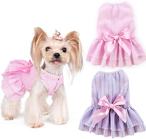 Yikeyo Dog Dress for Small Dog Girl Puppy Clothes Female Princess Tutu Striped Skirt Summer Shirt for Chihuahua Yorkies Cat Pet Apparel Outfits, Set of 2 (Pink+Purple, Medium)