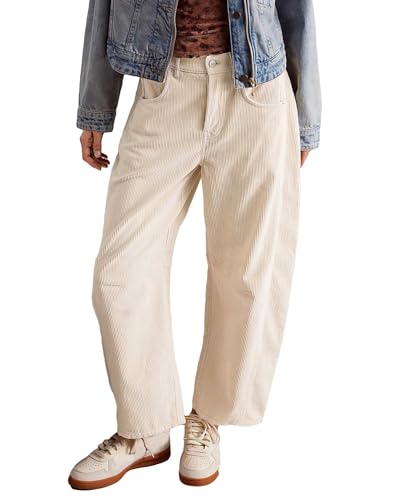YEXPINE Women's Corduroy Pants Mide-Rise Barrel Wide Leg