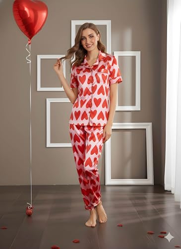 Image of Women's Lycra Heart Printed Night Suit Set of Shirt & Pajama Set Women Night Wear Set,Night Dress for Woman