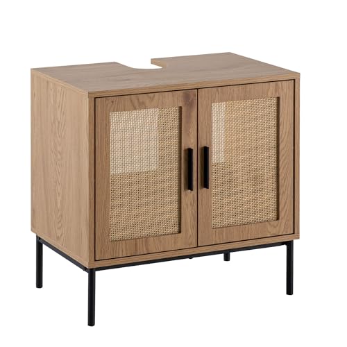 Wohnling Armario para debajo del lavabo de aspecto de roble 60 x 60 x 40 cm con puertas, armario de baño con mimbre de ratán, armario bajo de pie, armario de baño, armario midi pequeño