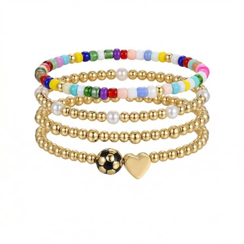 FAFUBOTIF Fashion soccer bracelet 14K gold-plated bead chain with cute sports charms - elastic bead soccer bracelet - heart bead bracelet friend gift (Style: Style-Soccer03)