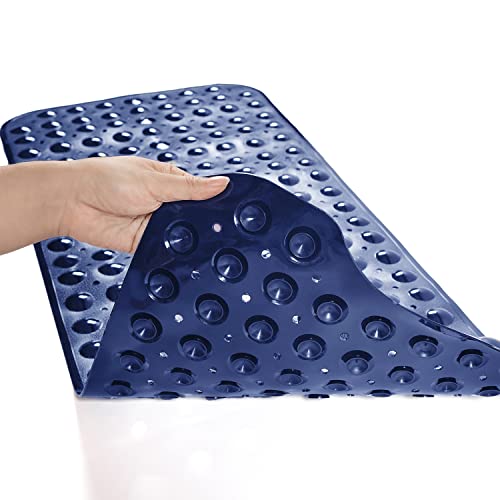 TEESHLY Bath Tub and Shower Mats, Non-Slip 39 x 16 Inch Extra Long Bathtub Mat, Machine Washable BathMat with Drain Holes, Suction Cups for Bathroom (Opaque Navy Blue)