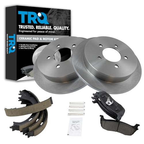 Image of TRQ Rear Brake Pad and Rotor Set Ceramic Parking Shoes Compatible with 1999-2003 Ford F-150 1997-2002 Expedition 2002 Lincoln Blackwood 1998-2002 Navigator