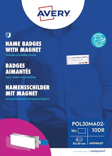 Étiquettes nominatives aimantées sans trou Avery Zweckform 70x30 mm badges anthracite