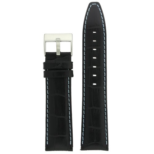 Tech Swiss Watch Band Genuine Calfskin Alligator Grain Black with Blue Stitching Thick Padded 20mm