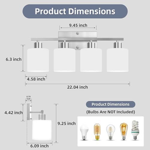Image of CANMEIJIA 4-Light Bathroom Vanity Light Brushed Nickel E26 Glass Sconce | Modern Dimmable Milky White Shades with Waterproof Rust-resistant Finish for Mirror Restroom, Easy Installation