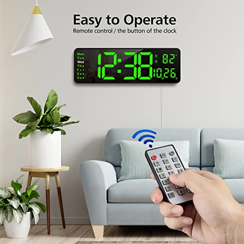 Zgrmbo 16" Large Digital Wall Clock With Remote, Large Display Digital Clock With Time Date Temp Week, 12/24H, Auto/Custom Brightness, Timer, Wall Mount For Living Room/Gym/Shop/Warehouse/Office Decor #TOP2