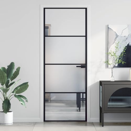 Gecheer Porta,Interna,in Vetro Temperato,e Alluminio,Nero Trasparente e Opaco,3 Barre Orizzontali,76x201,5 cm,Porta per Interno,Porta in Vetro,Porta in Alluminio