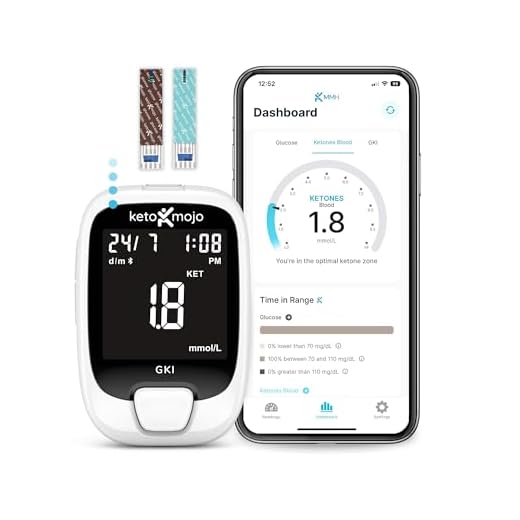 KETO-MOJO GKI Bluetooth-Glukose- & Keton-Testkit (mg/dL) + kostenlose App zur Ketose- & Diabetes-Überwachung – 20 Teststreifen (je 10), Messgerät, 20 Lanzetten, Stechhilfe & Kontrolllösungen