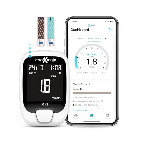 KETO-MOJO GKI Bluetooth-Glukose- & Keton-Testkit (mg/dL) + kostenlose App zur Ketose- & Diabetes-Überwachung 20 Teststreifen (je 10) Messgerät 20 Lanzetten Stechhilfe & Kontrolllösungen