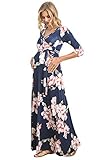 Women's Maternity Dress Maxi Long Length with Belt for Baby Shower, Photoshoot (Medium, Navy Floral)