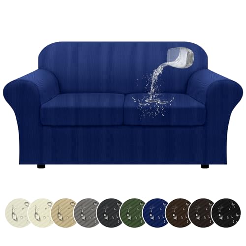 Pfrstuv 100% WaterproofLoveseat Cover 3-Piece Set Striped Loveseat Slipcovers for 2 Cushion Couch Sofa Covers with TPU Leakproof Bottom Stretch Couch Protector Pet Proof - Loveseat, Navy