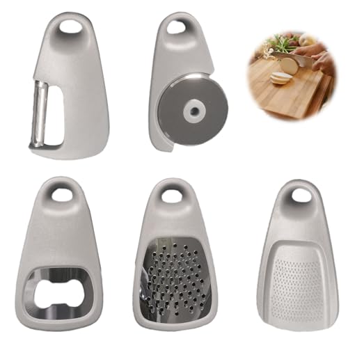 5in 1 Kitchen Gadgets, 5 Pcs Space Saving Kitchen Accessories, Stainless Steel Kitchen Camping Accessories, Peeler, Bottle Opener, Garlic Grinder, Pancake Cutter, Ginger Slicer
