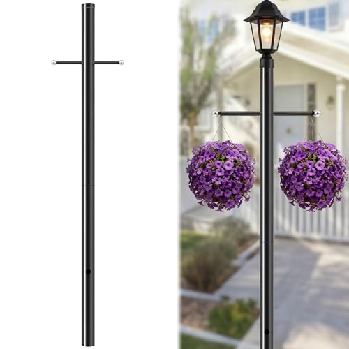 Zonon 1 Set 7 ft Outdoor Lamp Post with Cross Arm, 80 in H x 3 Inch Dia Direct Burial Light Pole with Wiring Hole for Driveway Pathway, Yard, Garden, Weather-Resistant Galvanized Steel, Black